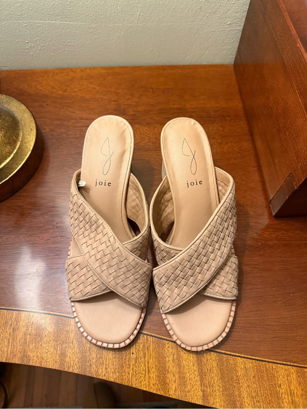 Joie Beige Woven Leather Slide Mules